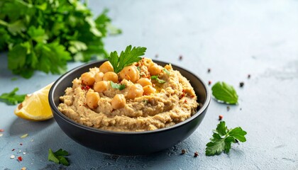 Creamy hummus bowl with chickpeas and fresh parsley garnish for healthy eating and lifestyle advertising.