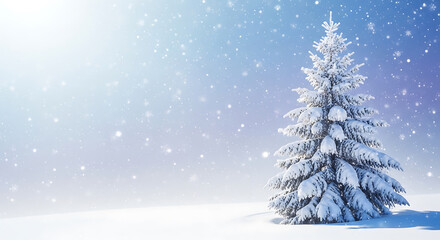 Isolated Snow-Covered Fir Tree Under a Colorful Sky