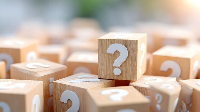 Multiple wooden blocks with white question marks symbolize confusion inquiry and the unknown  This close up captures the concept of searching for answers against a warm softly blurred background