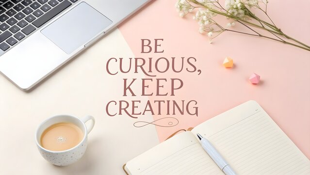 Inspiring workspace with open laptop and motivational quote