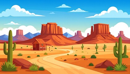 Cartoon Desert Landscape with Cacti, Red Rocks, and a Road, Illustration