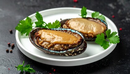 Premium Abalone Dish Presentation on White Plate for Fine Dining or Gourmet Food Themes.