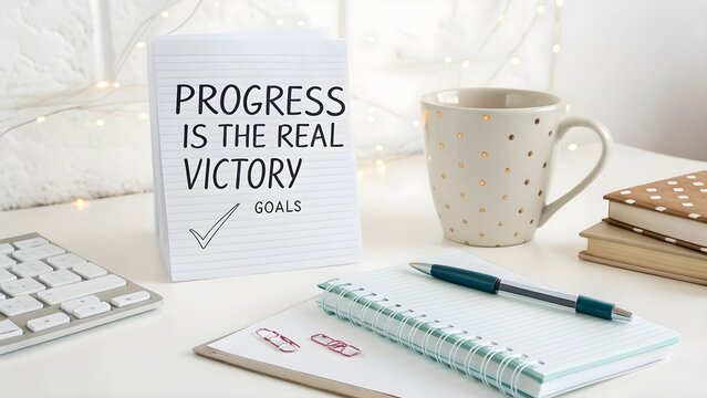 Minimal workspace with goals and coffee mug for motivation