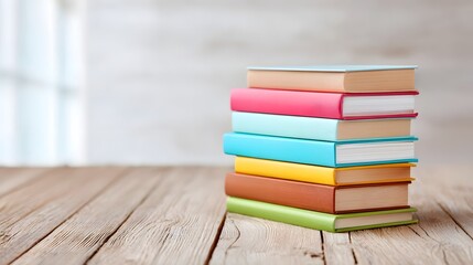 Stacked vertically on a textured wooden surface a collection of vibrant colorful hardcover books represents knowledge and learning in a simple clean and organized arrangement