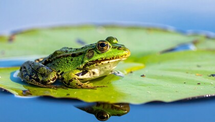 Obraz premium Frog on Lily Pad in Calm Water Close Up of a Green Frog Resting in Natural Habitat.