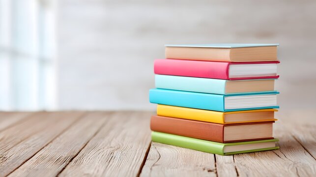 Stacked vertically on a textured wooden surface a collection of vibrant colorful hardcover books represents knowledge and learning in a simple clean and organized arrangement