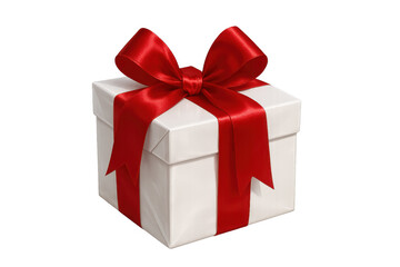 White gift box wrapped with red satin ribbon and festive bow, symbolizing celebration, holiday giving, and surprise on transparent background