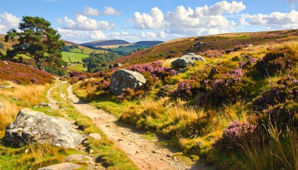 Scenic countryside trail winding through hills and meadows under a blue sky