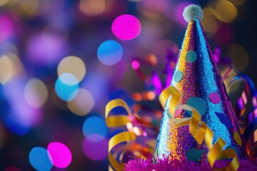 A vibrant glitter party hat is prominently displayed amidst a joyful blur of colorful lights and festive streamers, ready for celebration.