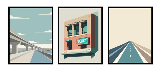 Motel exterior glowing under distant neon light