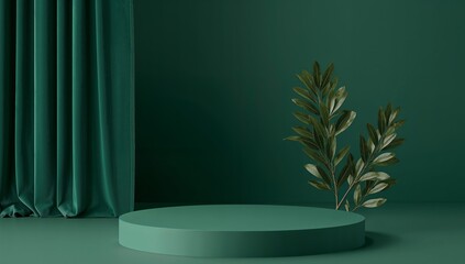 Emerald Still Life with Fabric Drape and Botanical Accent for Product Presentation.