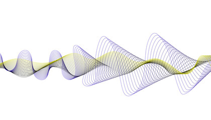 Dynamic abstract wave graphic with layered purple and yellow lines on a white background.