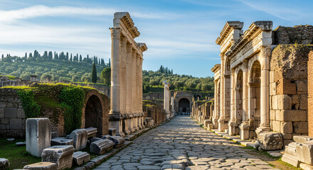 Fototapeta premium Ancient Roman Road and Columns in Pergamon, Turkey Historic Ruins, Architecture, and Landscape Photography.