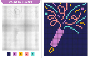 Firecracker. Color by number. Pixel coloring book. Numbered squares. Game for kids.Pixel art. Isolated vector illustration eps 10
