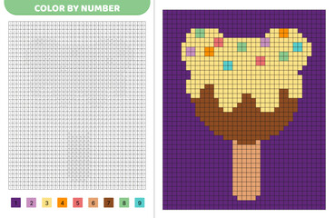 Ice cream. Bear. Color by number. Pixel coloring book. Numbered squares. Game for kids. Pixel art. Isolated vector illustration eps 10