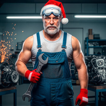 Pai Natal Mec&acirc;nico Forte na Oficina com Chave Inglesa - Um robusto e musculoso homem com barba, usando gorro de Natal, &oacute;culos de prote&ccedil;&atilde;o e macac&atilde;o azul, segura uma chave inglesa gigante numa oficina