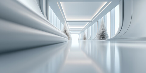 Fototapeta premium Architectural space featuring clean white surfaces and white Christmas tree, reflect soft ambient light, evoking feelings of openness, perfect for backgrounds related to winter holidays.