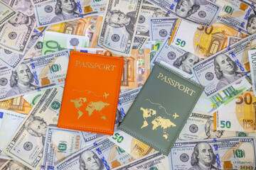Passport Euro and Dollar money banknotes arranged together. Currency details and travel document...