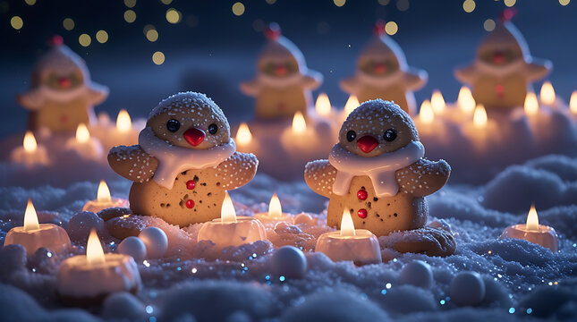 Cute gingerbread penguins stand among glowing candles in snowy winter scene, creating a warm and festive Christmas atmosphere.