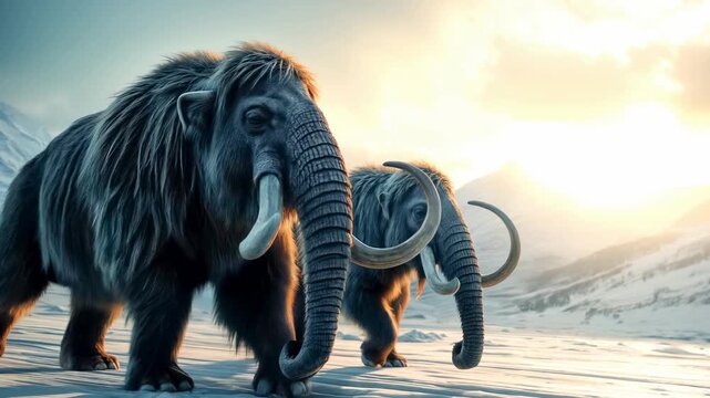 Ice age mammoths walk in the snow and winter mountain landscape