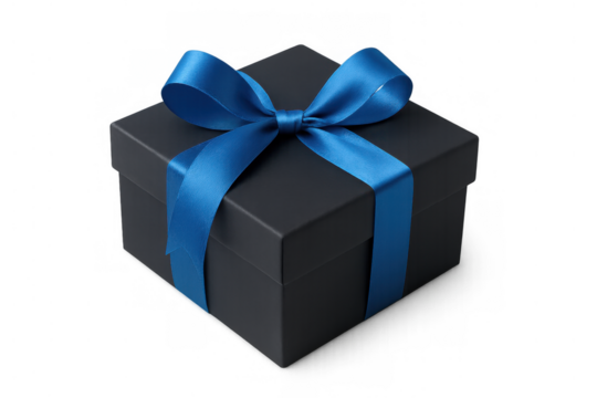 Black gift box with blue ribbon bow, representing celebration, anniversary, birthday, and special occasion gifting