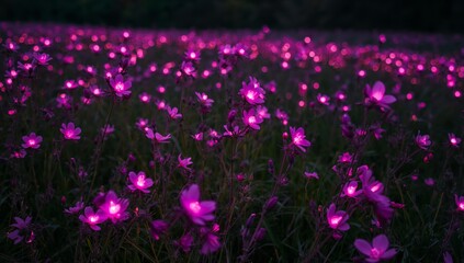 Ethereal Bloom, A Field of Glowing Flowers in a Dreamlike Twilight Scene.