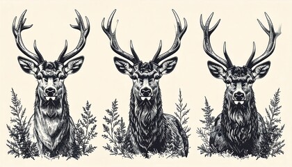 Three stately deer portraits facing forward, each framed by leafy green sprigs, rendered in intricate, monochromatic pen and ink
