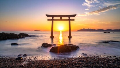 神社の鳥居と新年の初日の出