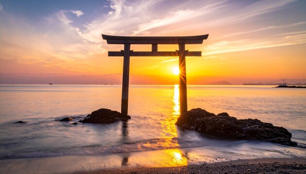 神社の鳥居と新年の初日の出
