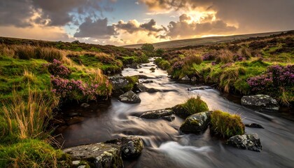 Scenic Landscape of a River Flowing Through a Green Field with Clouds and Sky