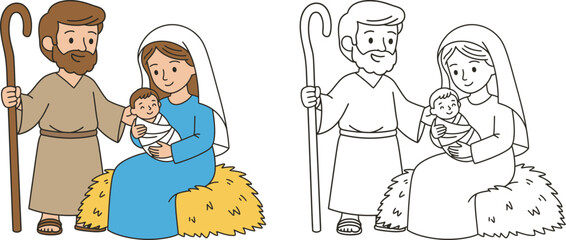 Holy Family with Baby Jesus on Hay Bale Cute Cartoon in Color and Line Art