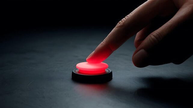 Finger pressing a glowing red button in a dark environment hand