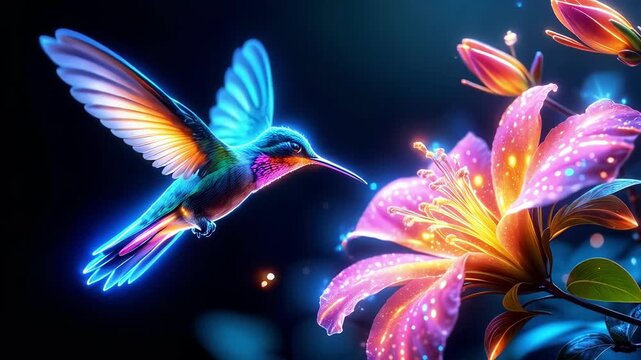 bright hummingbird bird over a flower on a dark background