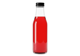 A sleek transparent glass bottle of vibrant ruby-red juice with caustics and meniscus, sealed with a matte black cap, isolated on white with generous negative space. concept for beverage advertising