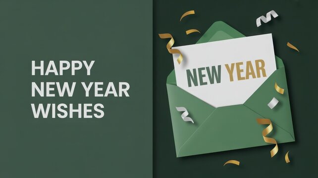 Happy new year wishes with envelope and confetti, festive greeting card with golden decoration elements - Powered by Adobe