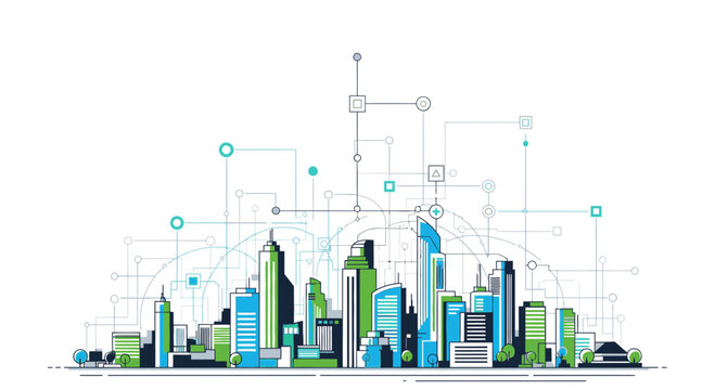 Dynamic city skyline illustration showcasing modern connectivity and innovation, perfect for tech, business, and urban development projects