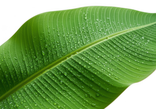 Closeup of a large, green banana leaf with water droplets, isolated on transparent background