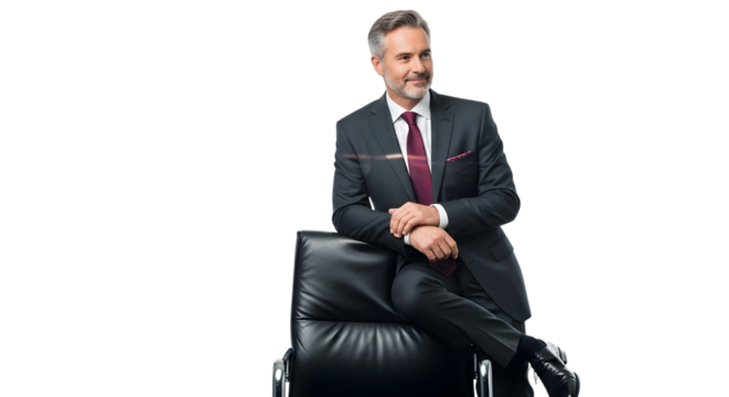 Man in suit leaning on chair smiling