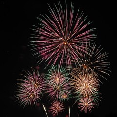 Fototapeta premium Stunning display of vibrant multicolored fireworks exploding brightly in the dark night sky, creating a festive celebration atmosphere.