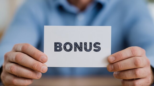 Person Holding Card with the Word Bonus Highlighted, Symbolizing Rewards and Incentives in Professional and Personal Contexts for Motivation and Achievement