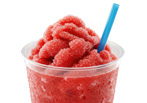 hyperrealistic extreme macro close-up of a vibrant red strawberry slushie in a heavily condensed clear plastic cup with a glossy blue straw, isolated on a transparent background. concept for summer