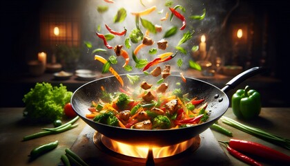 Stir fry vegetables and chicken in a flaming wok, fresh ingredients flying with steam, highlighting the dynamic cooking process and healthy Asian cuisine.
