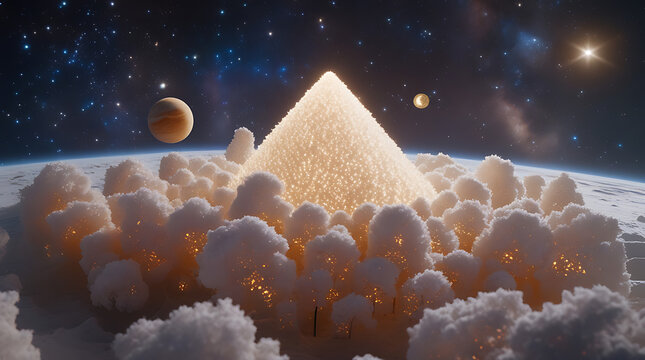 Glowing pyramid rises above fluffy clouds on a distant planet with multiple moons, creating a surreal and ethereal landscape under a starry sky.