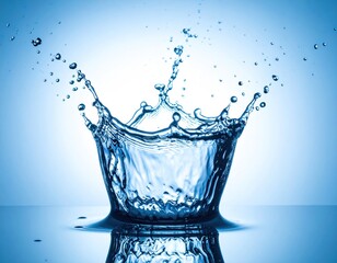 Close-up of water droplet impact, crown-like splash with reflections