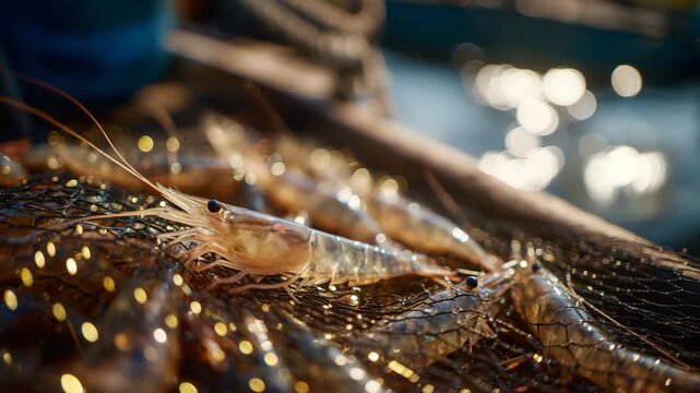 362Close-up of shrimp in fishing net on boat deck, wet surface glistening, sunlight highlighting textures and freshness