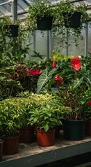 Fototapeta premium A vibrant array of potted plants flourishing in a sunlit greenhouse, showcasing diverse foliage and beautiful blooms ,cultivation ,thrive ,flora