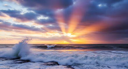 Fototapeta premium Dramatic Coastal Sunset Ocean Waves, Radiant Sunbeams, Cloudy Sky, Seascape, Water Splash, Nature's Beauty, Horizon View.