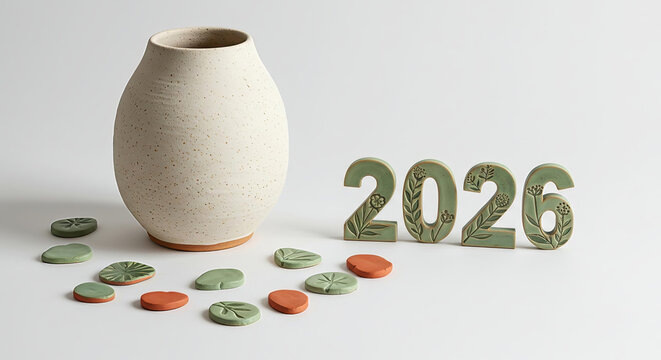 Handcrafted speckled pottery vase next to botanical sage green ceramic numbers 2026 with decorative clay pieces on a white studio background.