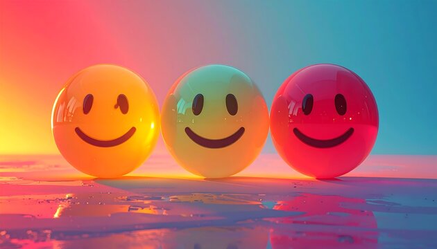 Three shiny, smiley-faced spheres in vibrant colors sit against a gradient background, reflecting light. Rendered as a digital, artistic creation