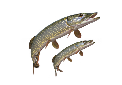 Two northern pike fish swimming, one larger than the other, isolated on transparent background